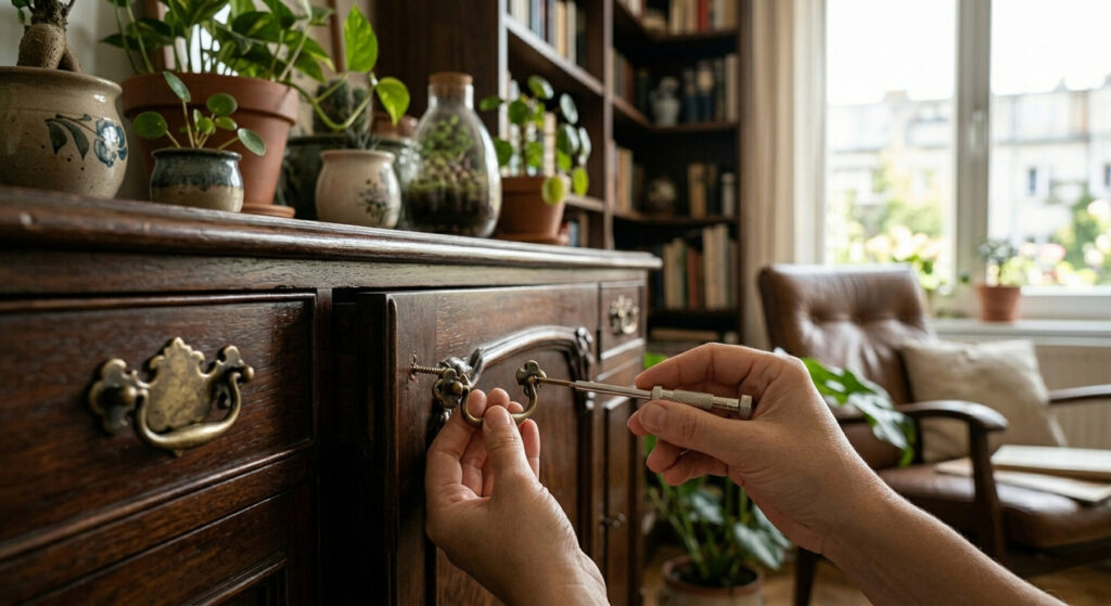 A képen egy komód egyik fogantyújának cseréje látható. A komód egy nappaliban látható, a komódon vannak még különböző cserépedények, növények. A háttérben látható még könyvespolc, fotel, ablak.