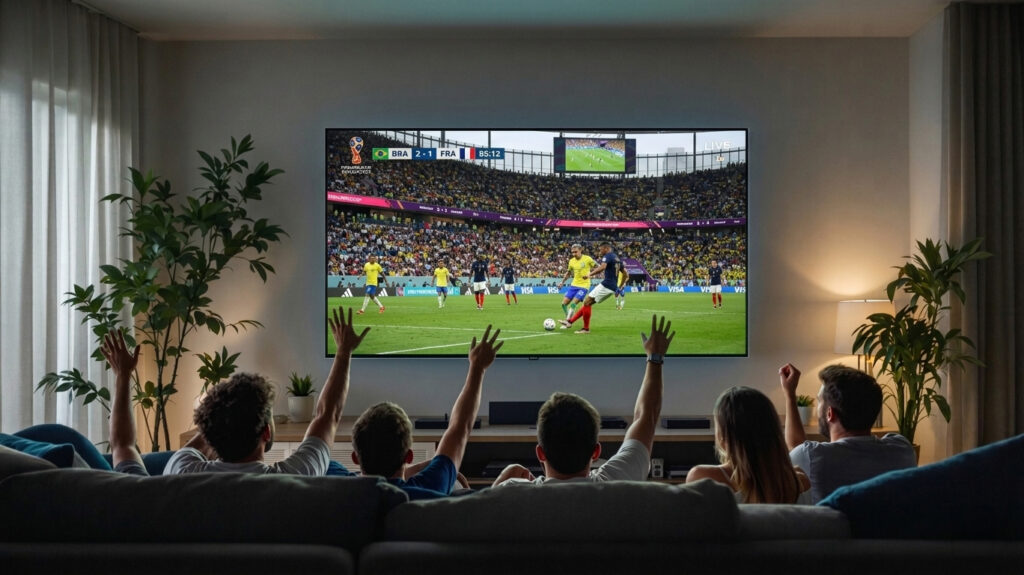 baráti társaság egy kanapén ülve futball mérkőzést néz a televízióban