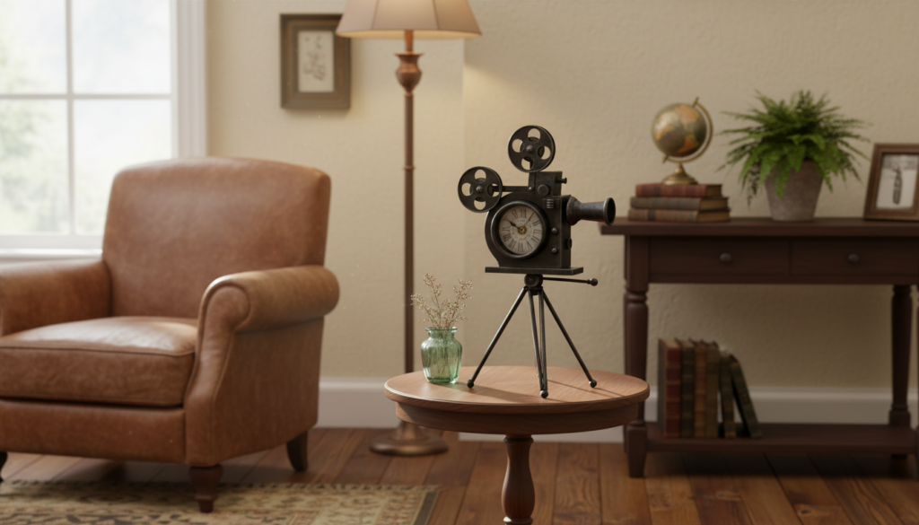 Mömax vintage stílusú asztali óra fekete, régi filmkamerát idéző dizájnnal és tripod állvánnyal; kör alakú asztalon áll, mellette kis üveg váza, háttérben fotel, állólámpa és könyves asztal.