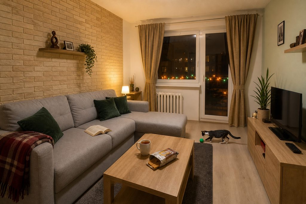 Dark cozy lakberendezés sötétzöld falakkal és meleg fényekkel